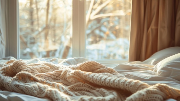 Una cama con una manta y ropa de cama en tonos beige contra el fondo de una ventana Concepto de lujo tranquilo