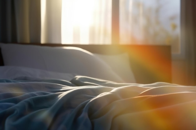 Foto una cama con una manta y el sol brillando por la ventana