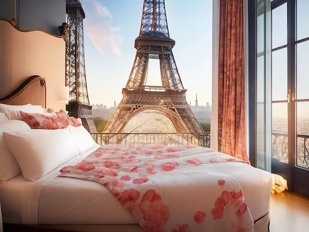 Una cama con un manto floral y una gran torre Generativa Ai