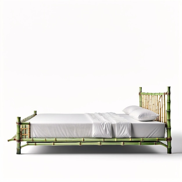 una cama con un marco de bambú y sábanas blancas