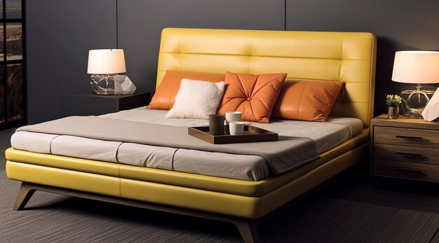 una cama con un marco de cama amarillo y una mesa lateral.