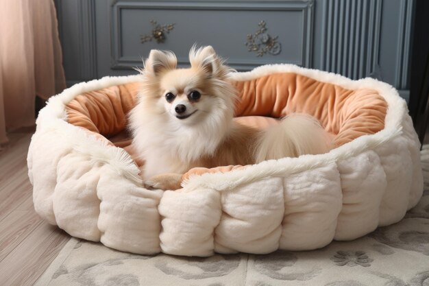 Cama para mascotas de lujo con almohada suave y esponjosa, manta cálida y refuerzo creado con IA generativa