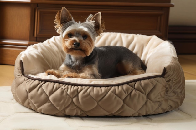 Cama para mascotas de lujo con refuerzo y almohada afelpada para máxima comodidad creada con inteligencia artificial generativa