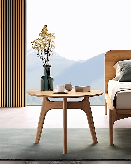 Una cama moderna con marco de madera, un jarrón de mesa y un paisaje