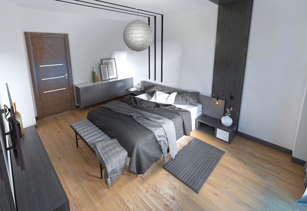 Cama moderna no quarto, de estilo contemporâneo. Design de quarto preto e branco. 3D render.