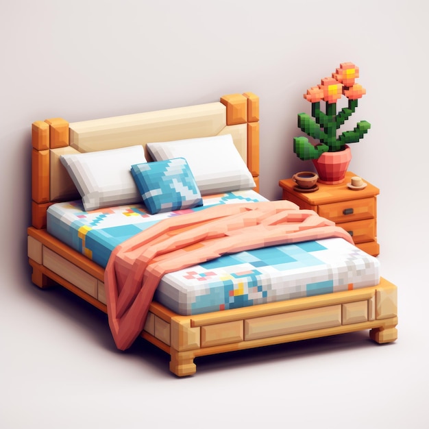 Cama pixelada colorida con dos almohadas y una planta