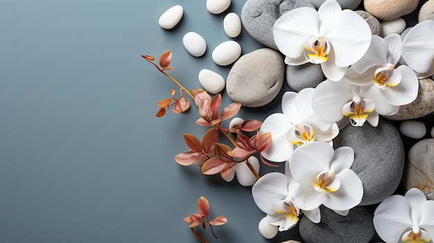 Una cama plana con una flor de orquídea blanca sobre un fondo de textura gris con espacio para escribir GENERATE AI