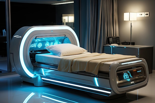 una cama que está iluminada con LEDs azules y un reloj despertador en el cabecero delante de ella