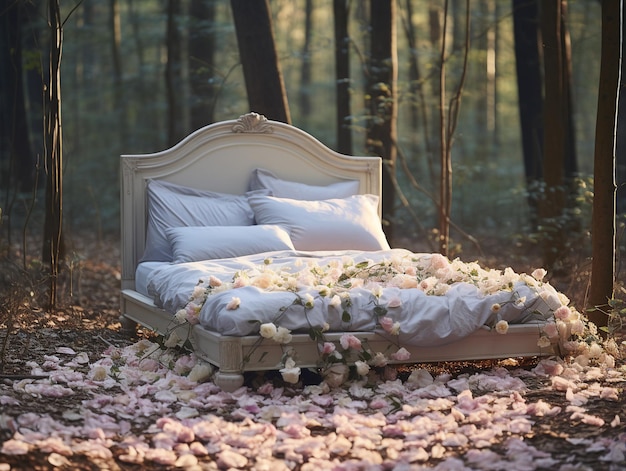 Una cama romántica cubierta de pétalos en el bosque.