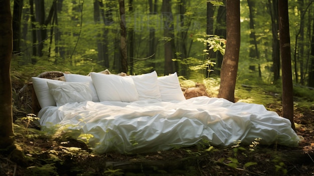 Foto cama con ropa de cama blanca en el bosque.