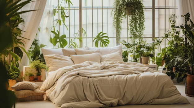 Cama con ropa de cama de color beige en una habitación con muchos invernaderos.