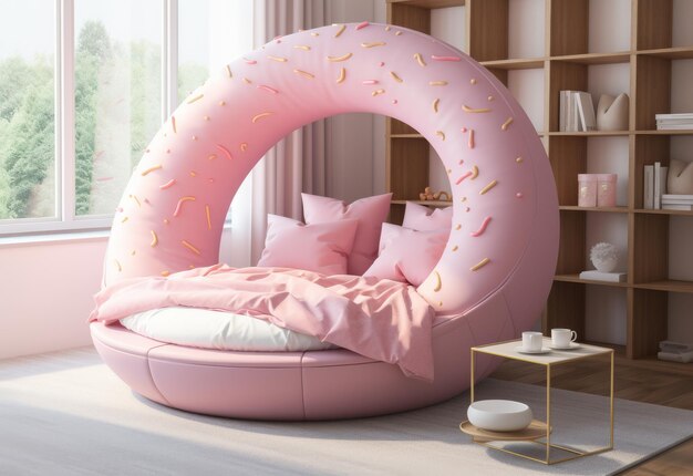 Cama rosa com donuts num quarto