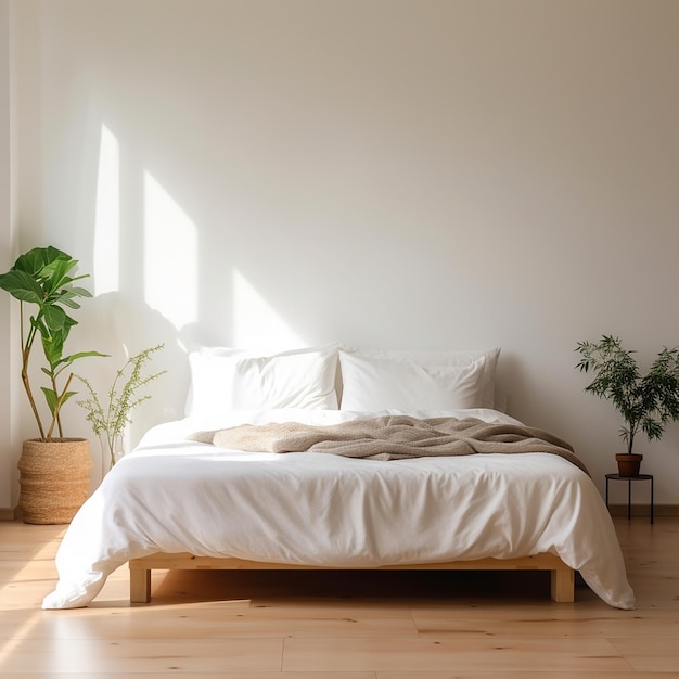 una cama con una sábana blanca que dice "sol" en la pared "