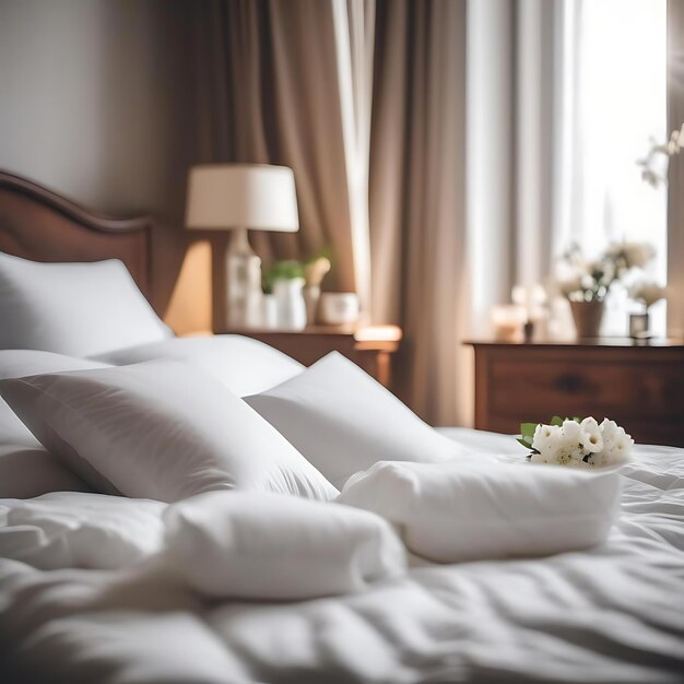 una cama con sábanas blancas y flores en ella