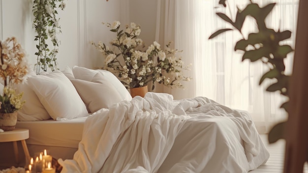 Una cama con sábanas blancas y una planta delante.