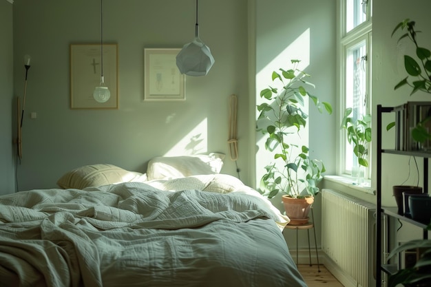 Una cama sentada bajo una ventana al lado de una planta