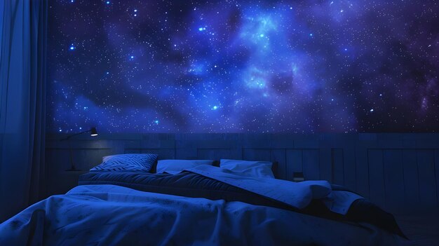 Foto cama sob o céu estrelado design criativo realista ai gerado