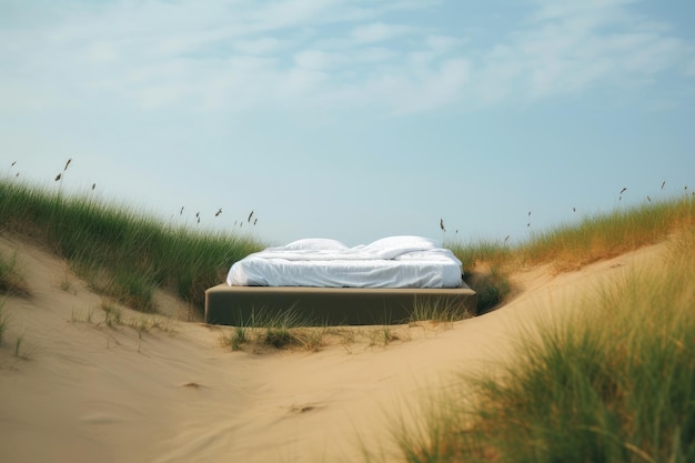 Cama solitária na colina de dunas de grama com lindo céu surreal paisagem onírica Generative Ai