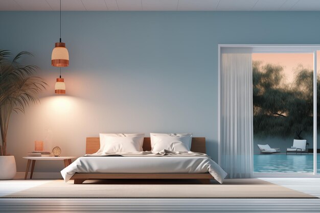 Cama suave en dormitorio moderno con fondo con vista a la piscina para diseño de comodidad y relajación