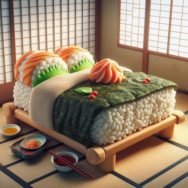 una cama con un sushi verde y naranja en ella