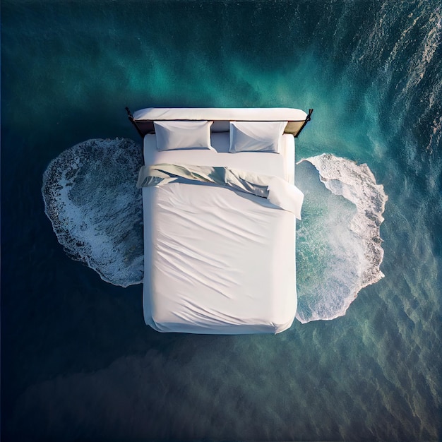 Cama en la vista aérea del mar durmiendo en el océano