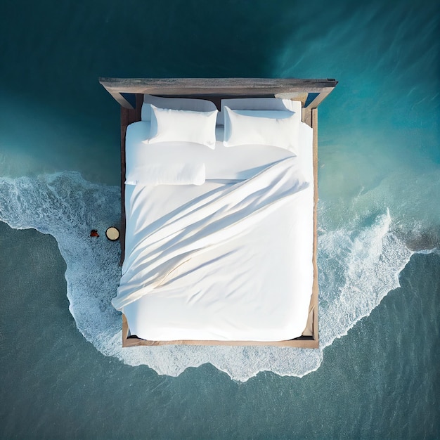 Cama en la vista aérea del mar durmiendo en el océano