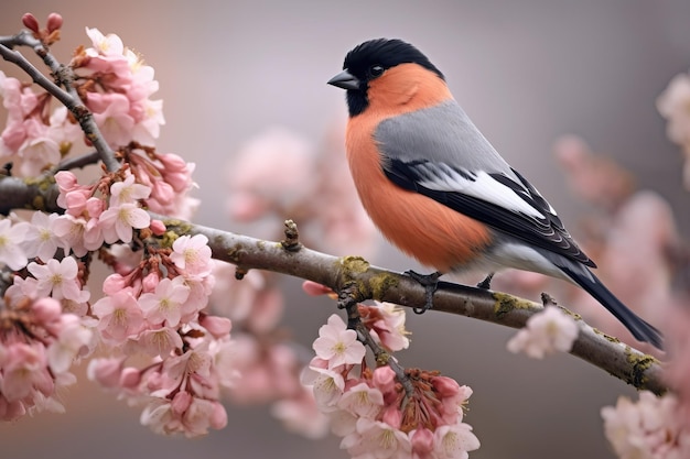 Camachuelo esponjoso y esponjoso ingenioso en el árbol con brotes de primavera