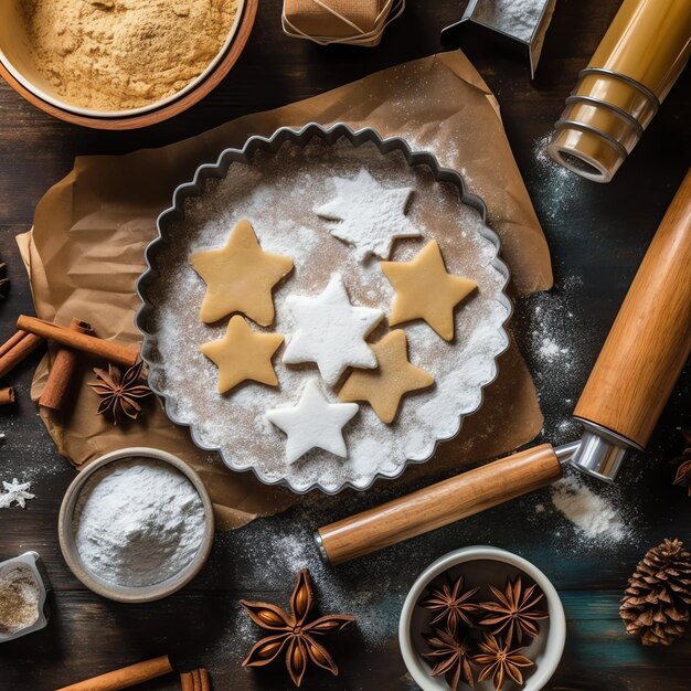 Foto camada plana de cozinha caseira de ingredientes de cozimento de natal ou biscoitos de pão de gengibre colocados na mesa