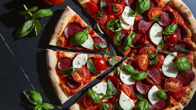 Camada plana de pizza italiana e ingredientes frescos em torno da superfície escura vista superior