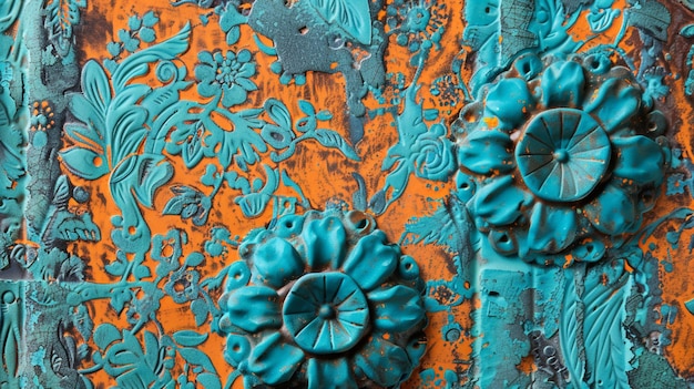 Camadas de intrincados padrões turquesa contrastam com acentos laranjas quentes, adicionando profundidade e dimensão ao design contemporâneo