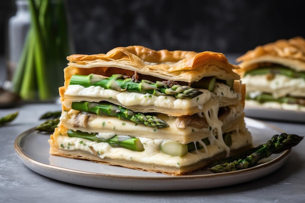 Camadas de massa e queijo cremoso com lanças de espargos por cima