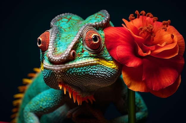 Camaleão AI generativo na flor Belo close extremo