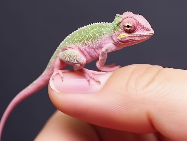 Camaleão bebê descansando no dedo humano Miniatura de lagarto gerada por IA