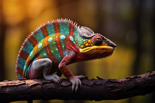 Camaleão colorido em um galho na floresta Close-up de camaleão brilhante no galho em fundo escuro Ai gerado