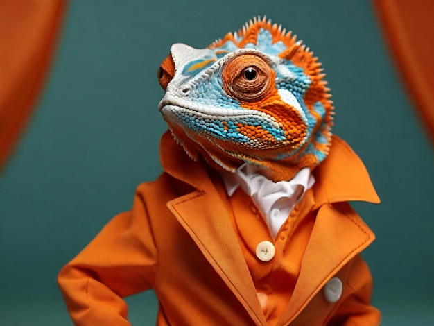 Camaleão com jaqueta laranja e camisa branca sobre fundo turquesa moda camaleão engraçada