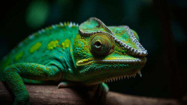 Foto camaleão de cor verde em close-up ilustrador de ia gerativa