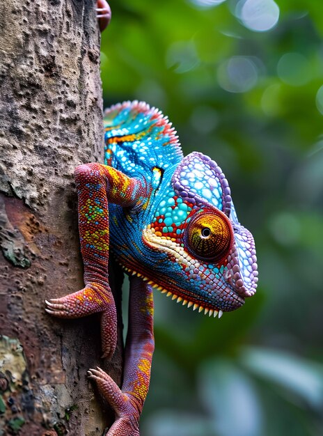 Foto camaleão em árvore com cauda em espiral escalas de cores coloridas