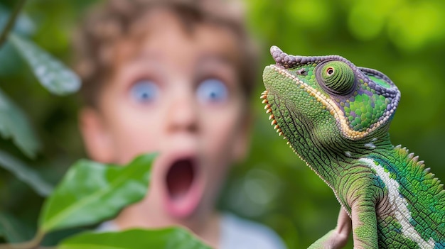 Foto camaleão em close-up surpreendeu criança olha para réptil verde lagarto grande em fundo criança feliz macro vista de animal selvagem na floresta conceito de natureza vida selvagem e pessoas