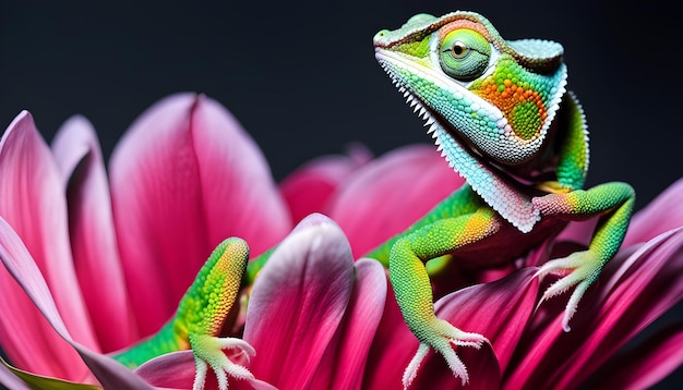 Foto camaleão em flor maravilhoso e ultrajante close-up