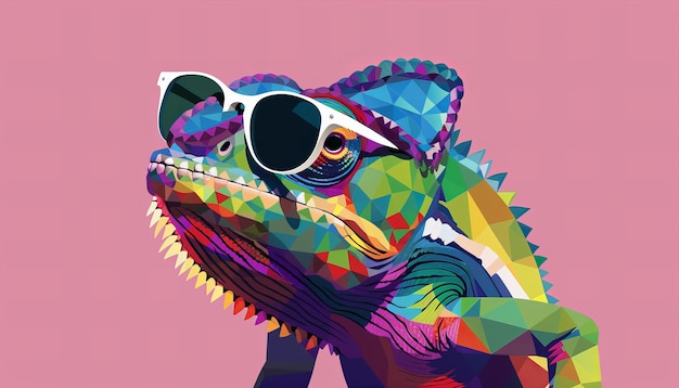 Foto camaleão estilizado com óculos de sol em um fundo geométrico