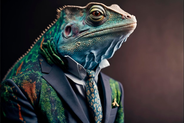 Camaleão Executivo Adequado Serpente em retrato de estúdio em fundo escuro Generative Ai