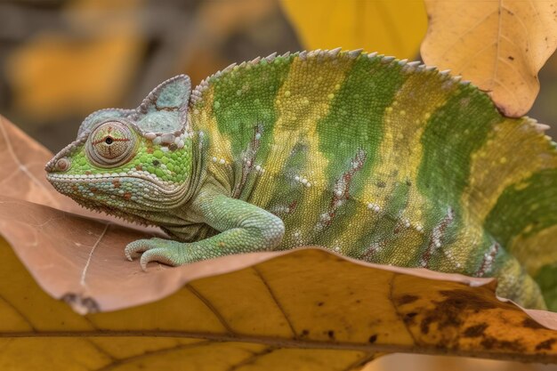 Camaleão sentado em uma folha verde e amarela generative ai