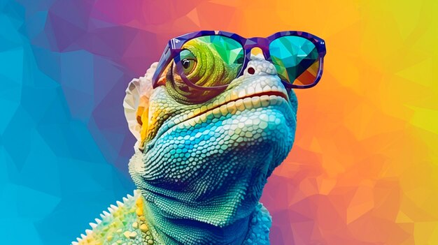 camaleão usando óculos escuros em um fundo de cor sólida Ilustração generativa de IA