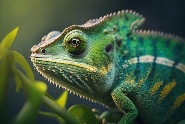 Camaleão verde com pele texturizada próxima ao fundo tropical desfocado Generative AI