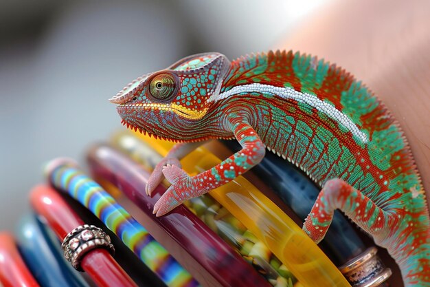 Camaleón camuflado entre pulseras multicolores en la muñeca