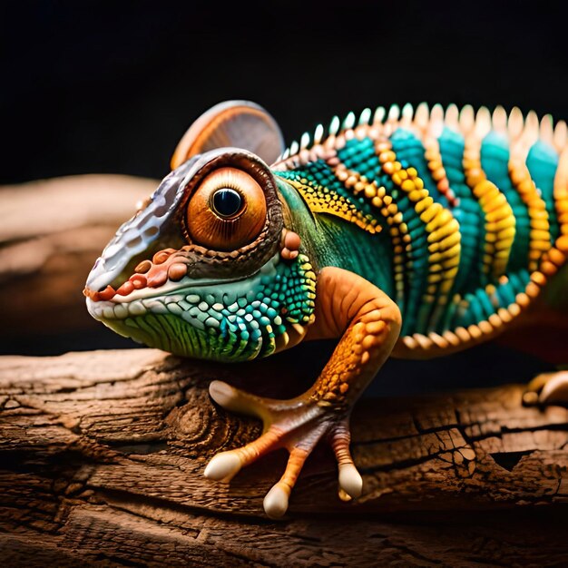 Un camaleón de colores está sentado en un tronco.