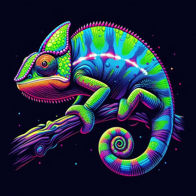 Un camaleón de colores vibrantes sobre un fondo oscuro El camaleón está ilustrado con neón brillante