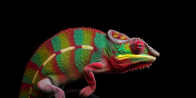 Un camaleón colorido con una cabeza roja y verde y una raya blanca.