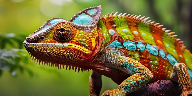 Foto un camaleón colorido de cerca con una cresta alta en la cabeza
