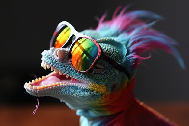 Camaleón colorido divertido con gafas de sol